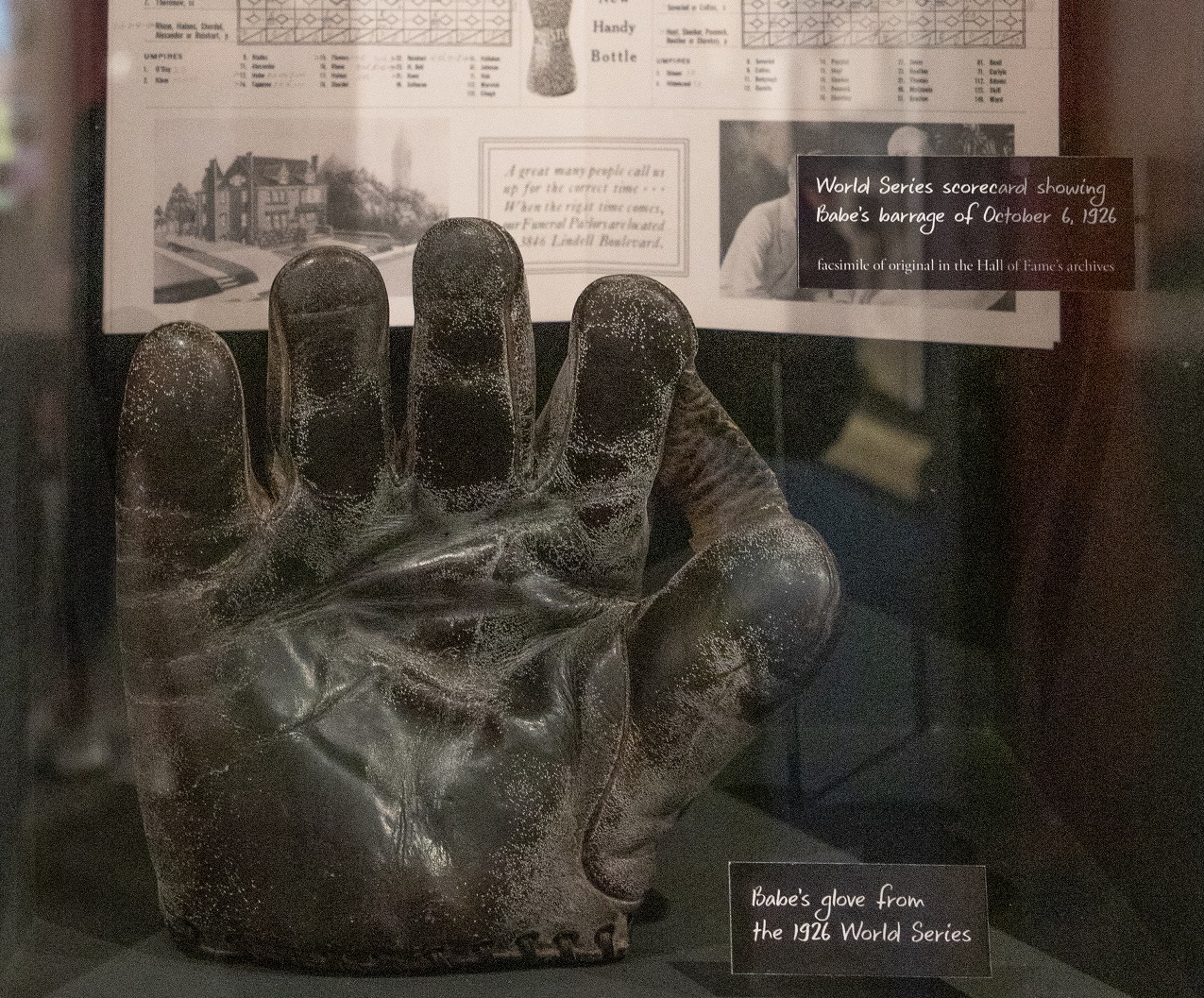 Babe's glove from the 1926 World Series on display in the Museum.